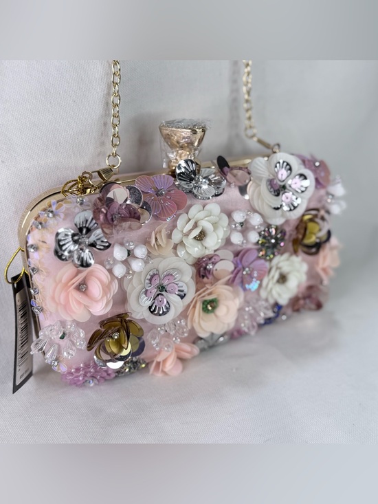bebe Handbags - bebe Pink Floral Appliqué Evening Clutch with Gold Chain